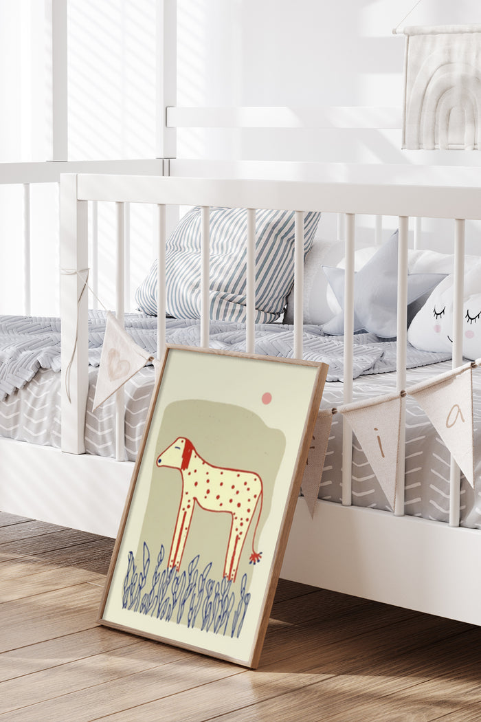 Child's nursery room with a framed poster of a spotted dog illustration