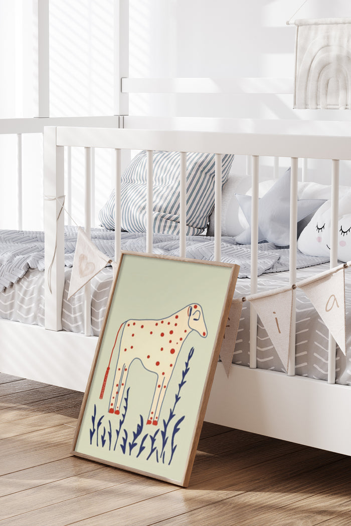 Children's nursery room with a decorative animal poster leaning against a white crib