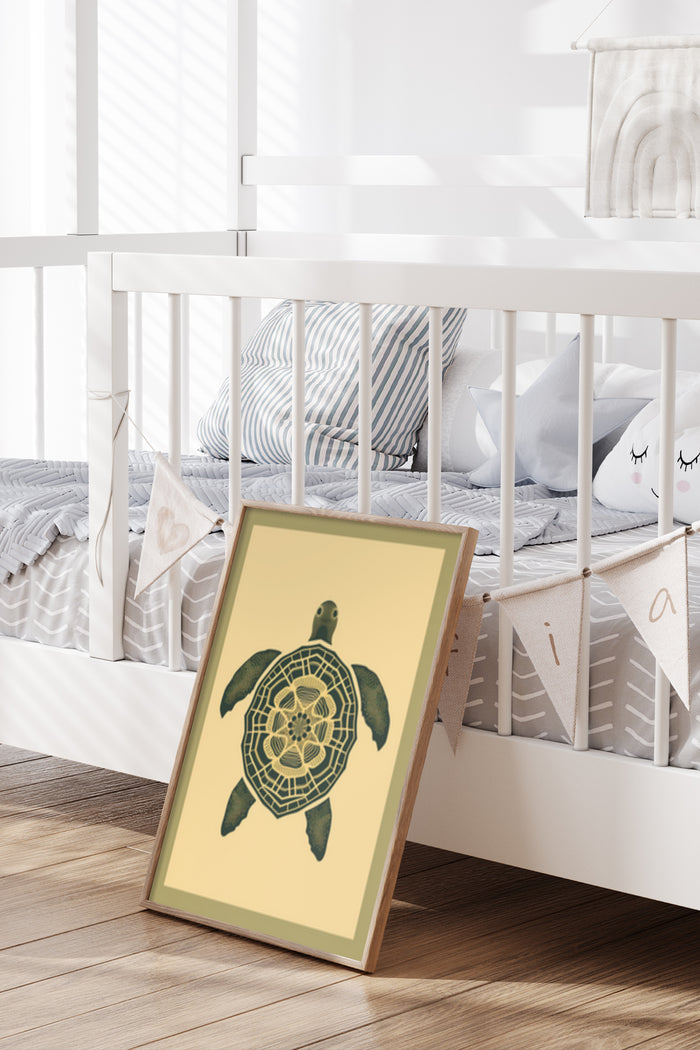 Nursery interior with decorative turtle artwork poster in yellow frame