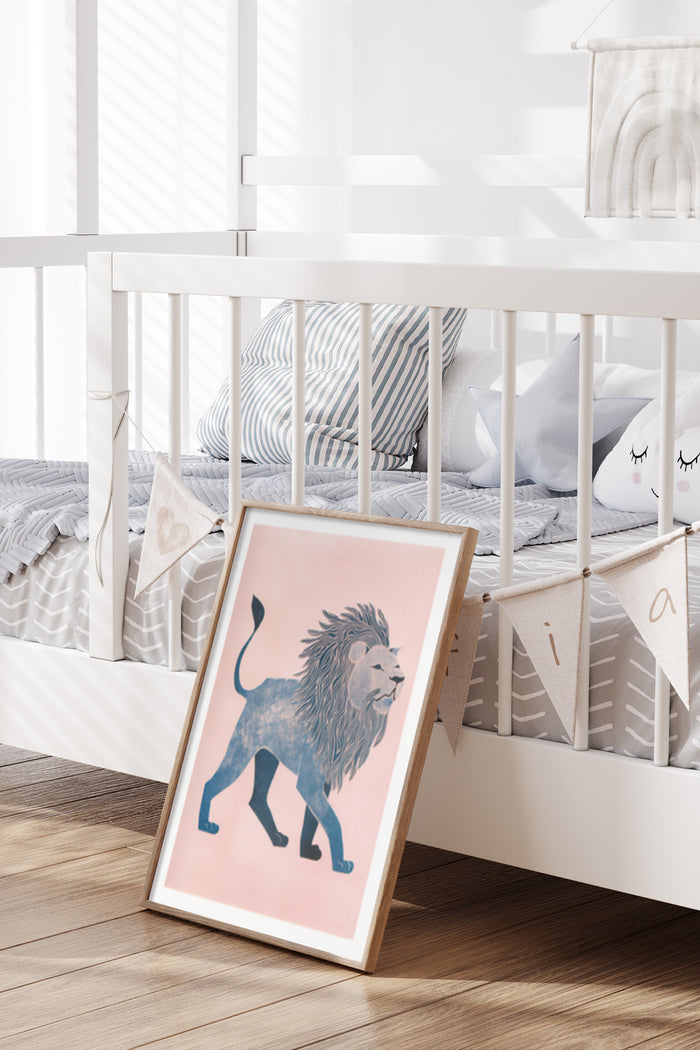 Stylish nursery room with lion artwork poster, child-friendly wall art decoration
