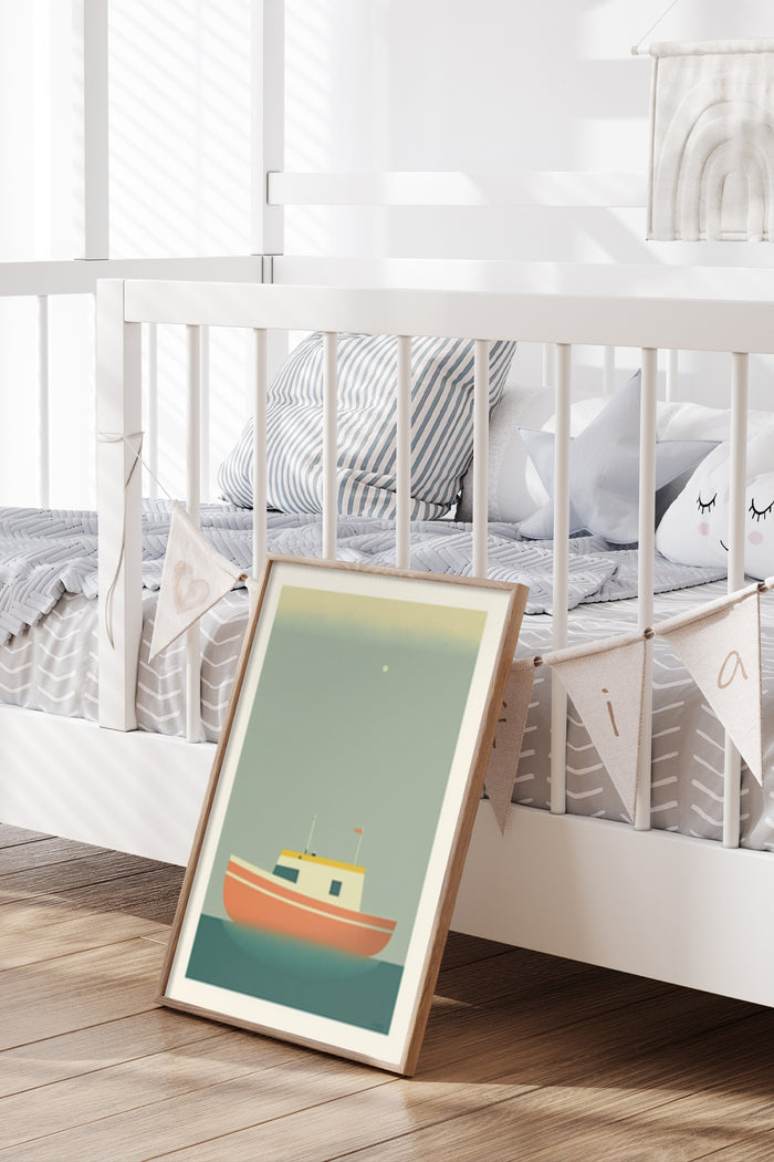 Minimalist boat illustration poster leaning against white crib in nursery room decor