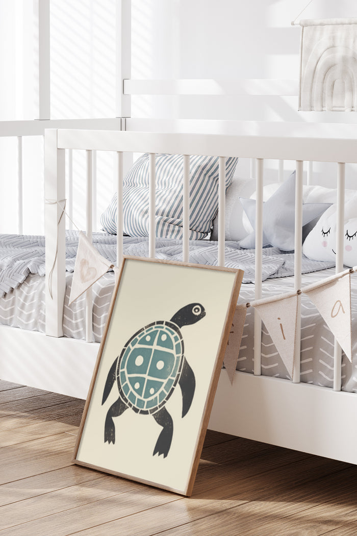 Stylish turtle poster artwork leaning against a white crib in a modern nursery room