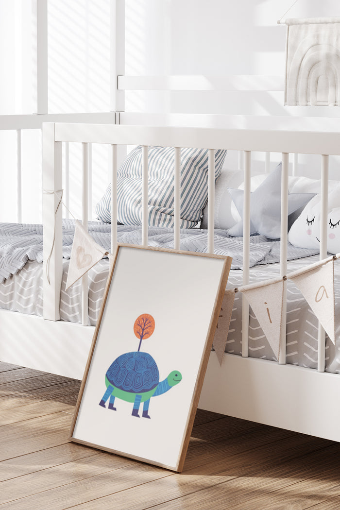 Nursery room decoration featuring a playful poster of a turtle with a tree growing on its shell