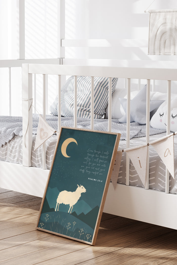 Nursery room decor with lamb illustration and 'Even though I walk through the darkest valley, I will fear no evil for you are with me; your rod and your staff, they comfort me. Psalms 23:4' inspirational quote poster