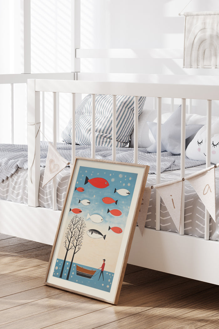 Stylish underwater-themed poster with fish and a diver in a nursery room setting