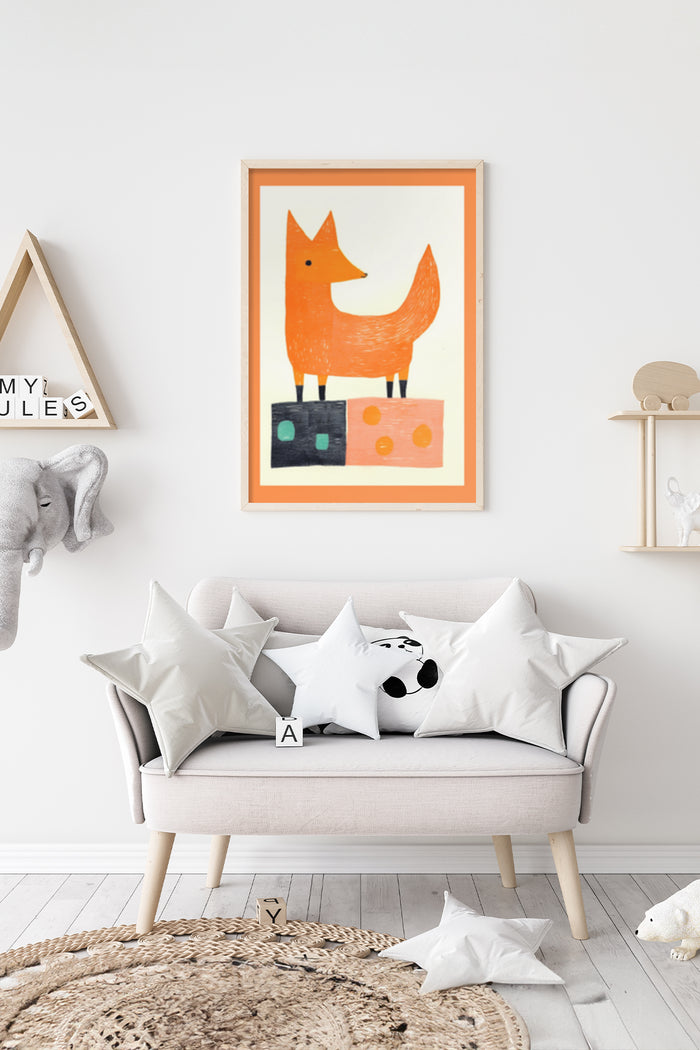 Stylized orange fox illustration on a colorful block poster framed in a modern interior room with decorative elements