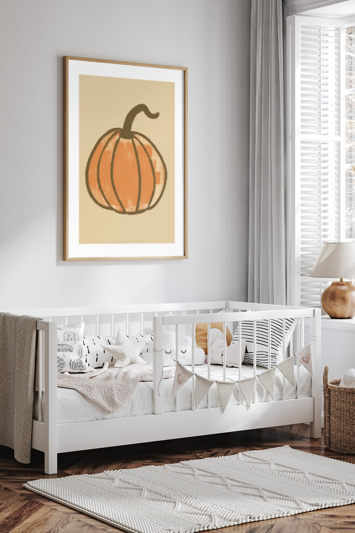 Minimalist orange pumpkin illustration in a stylish nursery room setting