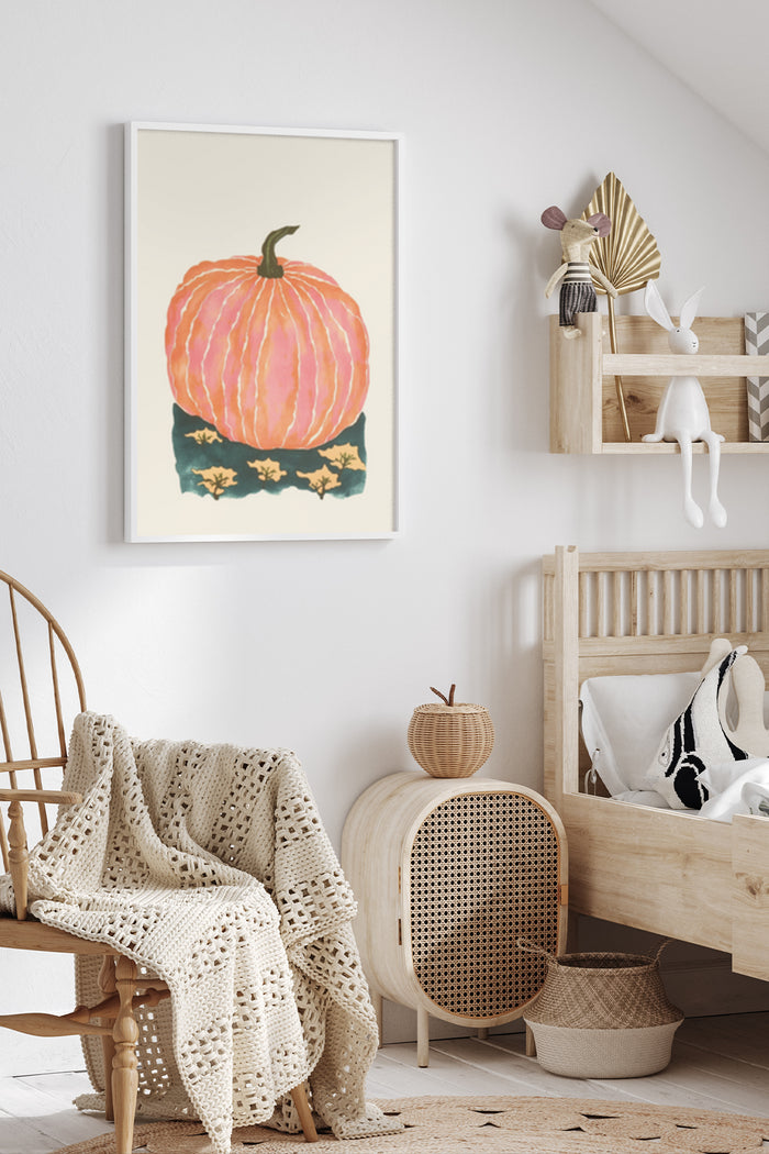 Modern home decor with orange pumpkin painting poster framed on a wall