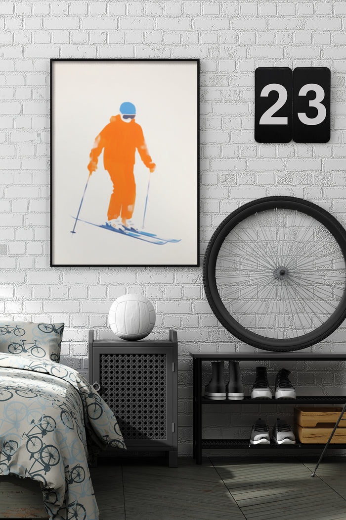 Minimalist Orange Skier Silhouette Poster Mounted on Bedroom Wall