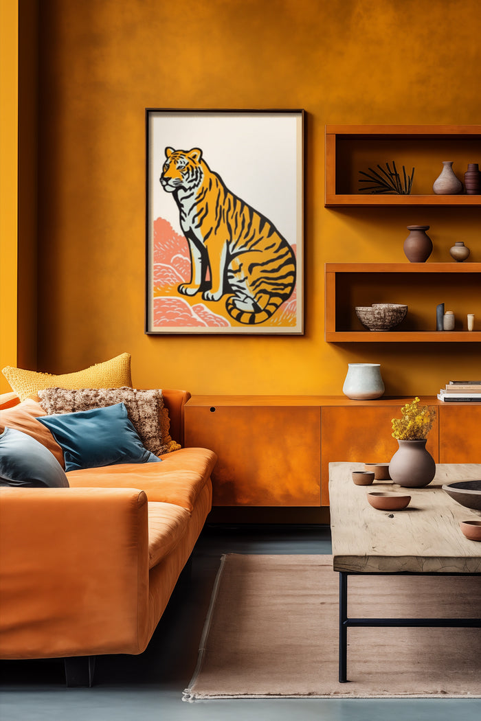 Minimalist orange and yellow tiger poster in stylish living room interior