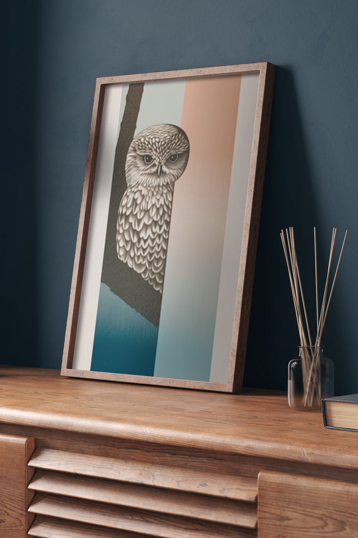 Stylized owl illustration poster in a wooden frame on a dresser near a diffuser and book