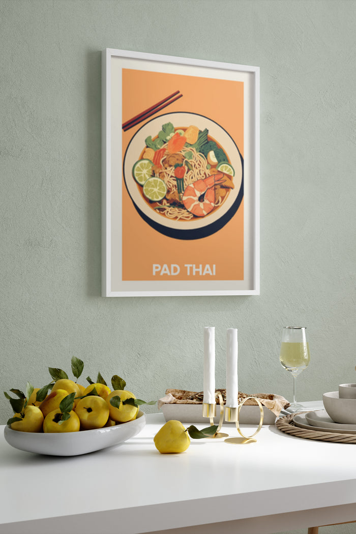 Wall art depicting Pad Thai dish in a modern dining room setting