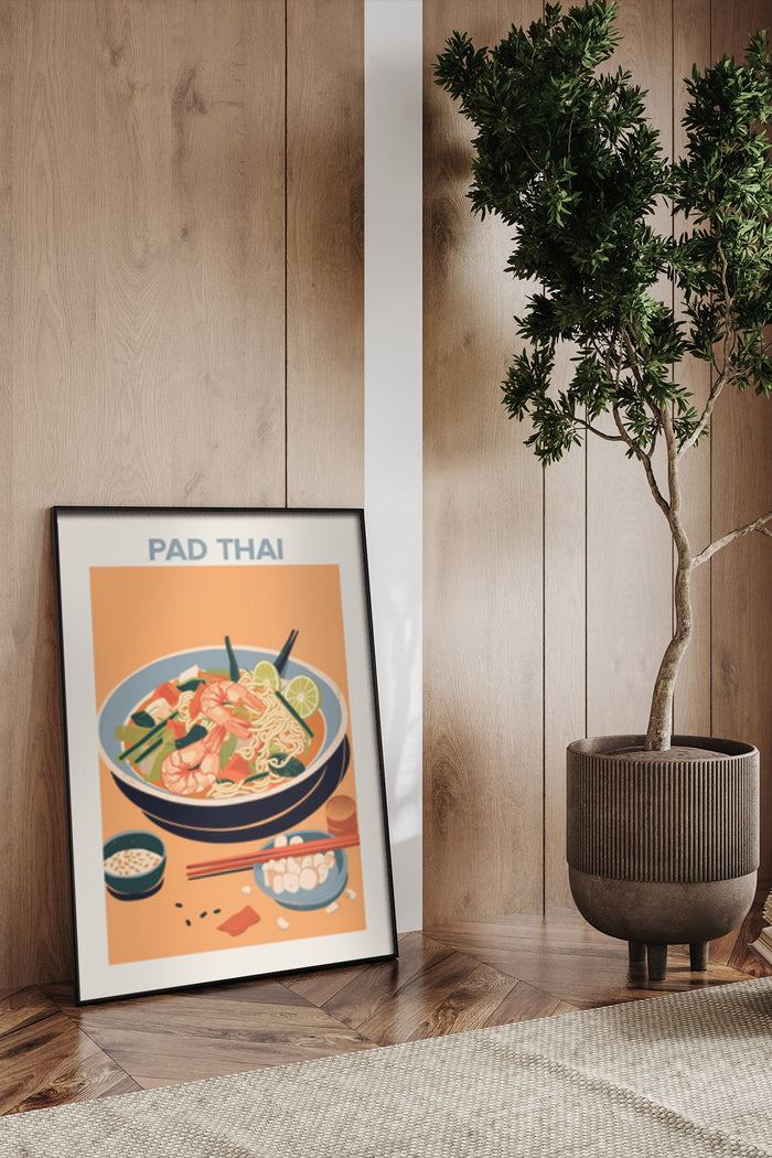 Illustrative Pad Thai poster artwork displayed in a modern home interior