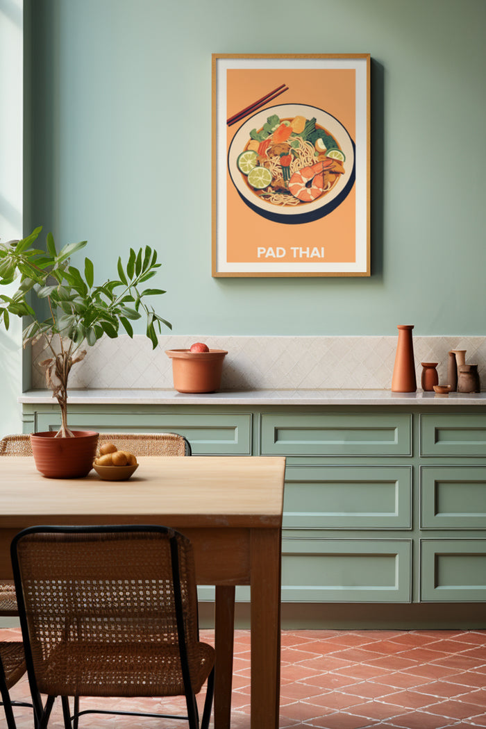 Stylish kitchen interior with modern pad thai art poster on the wall