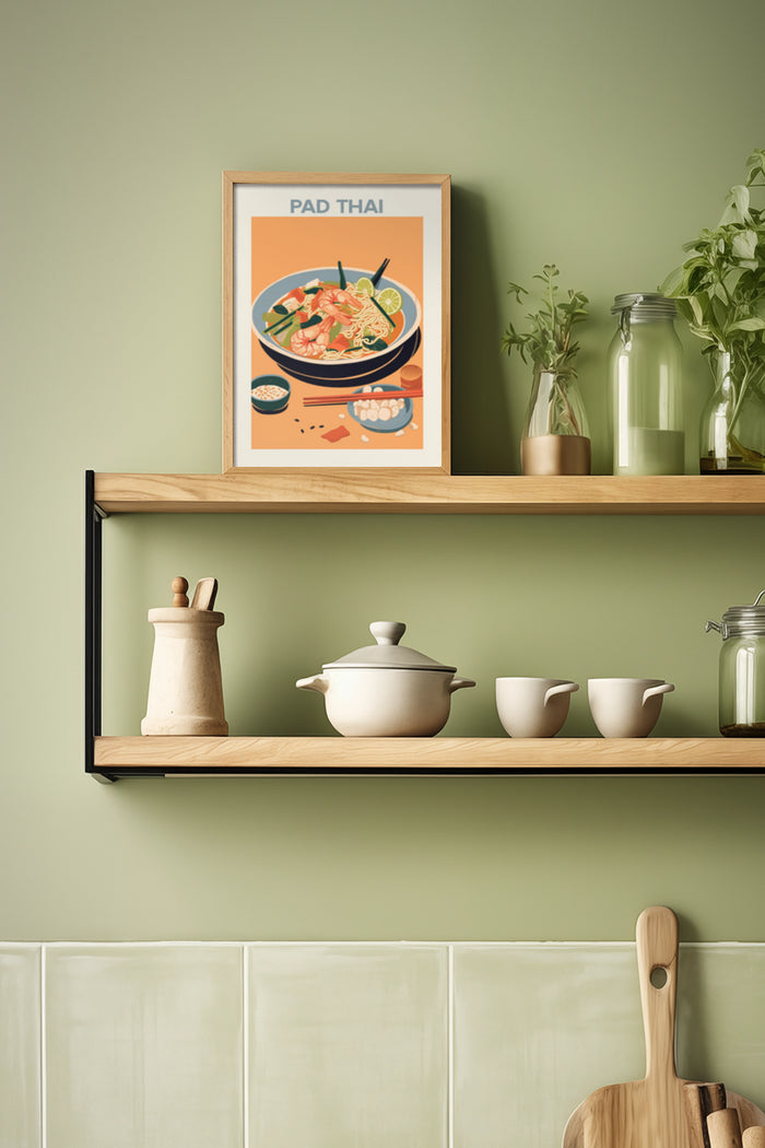 Stylish Pad Thai Poster in Kitchen Setting with Wooden Utensils and Plants