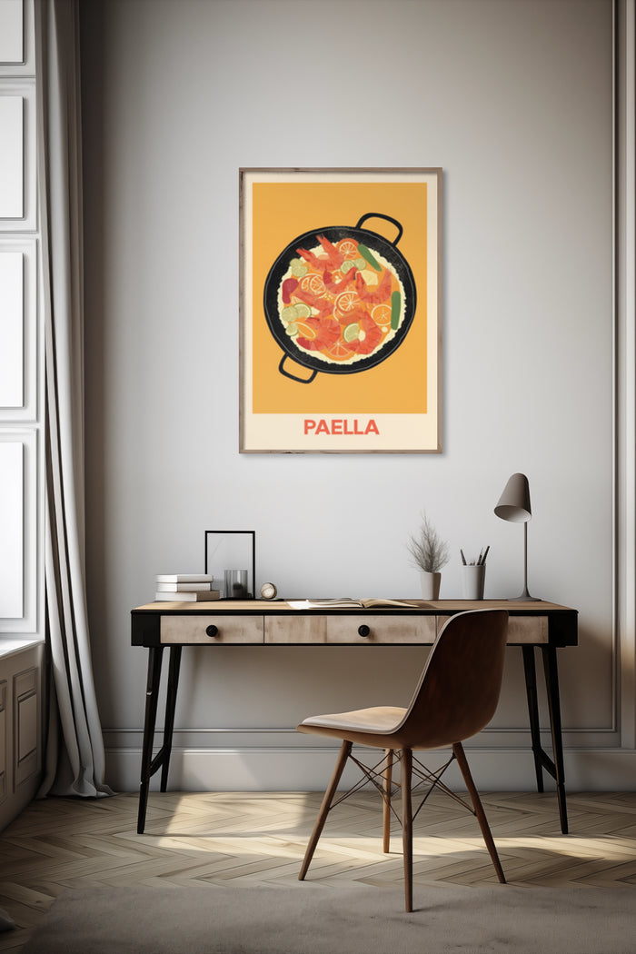 Stylish Paella Art Poster advertised in contemporary home office setting