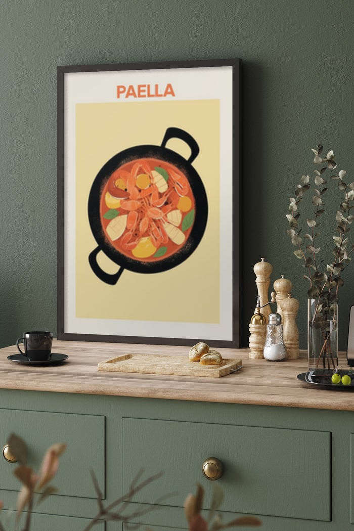 Stylish Paella Poster Art with traditional Spanish seafood dish illustration hung on a dining room wall
