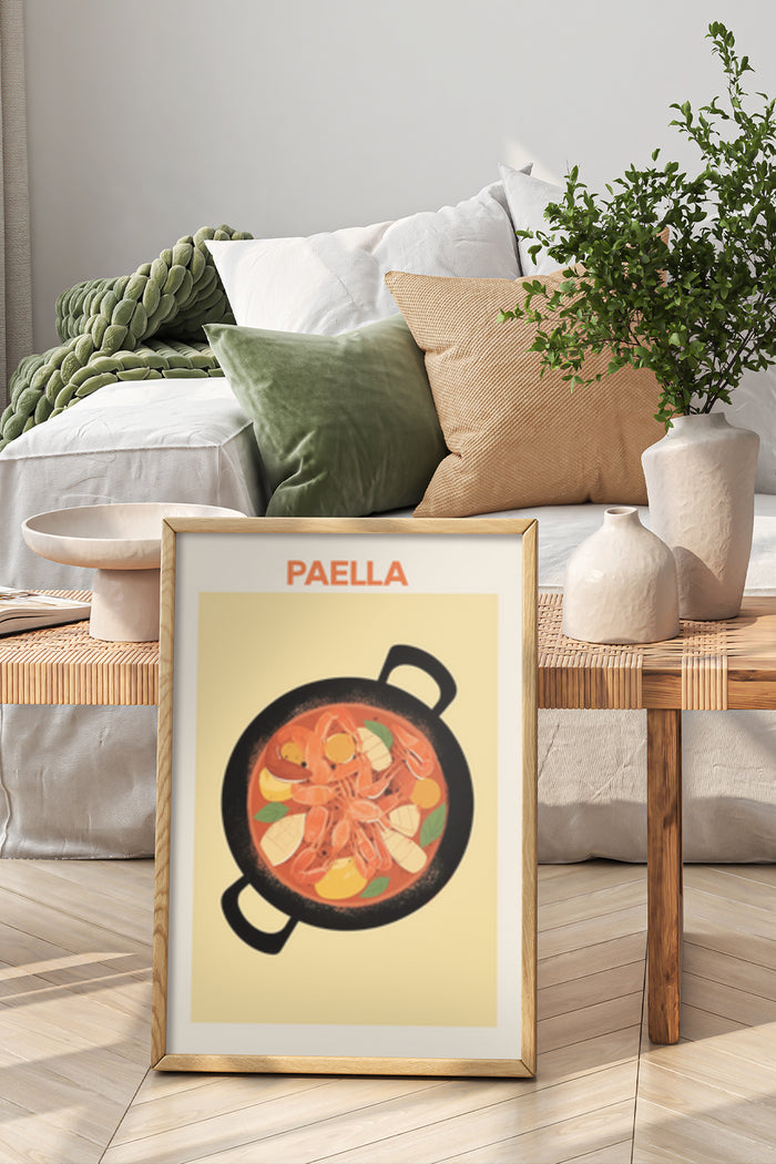 Stylish Paella Poster on Frame in Contemporary Bedroom Interior with Cozy Bedding and Decor