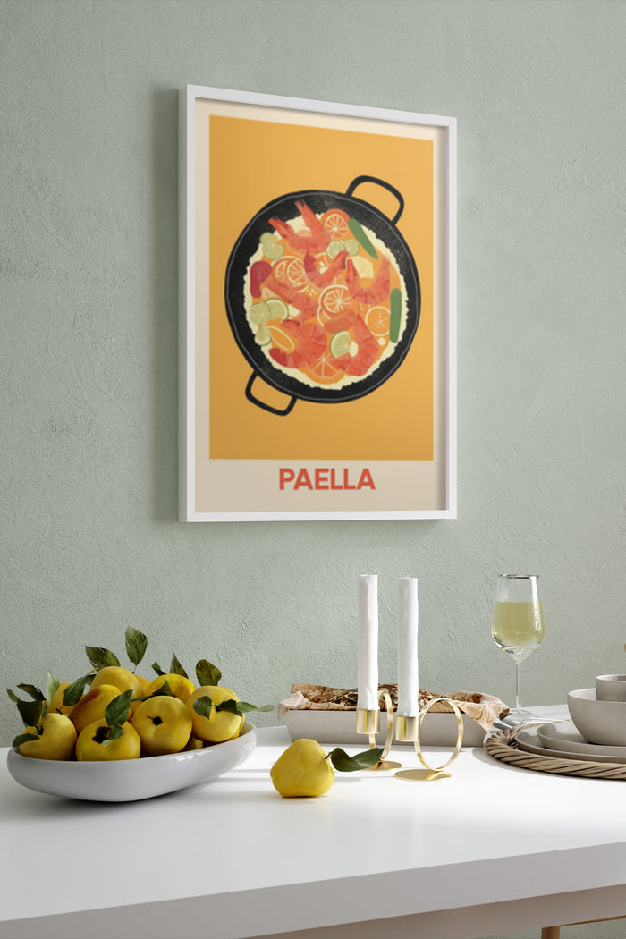 Stylized Paella poster in a modern kitchen setting surrounded by fruit bowl and candles