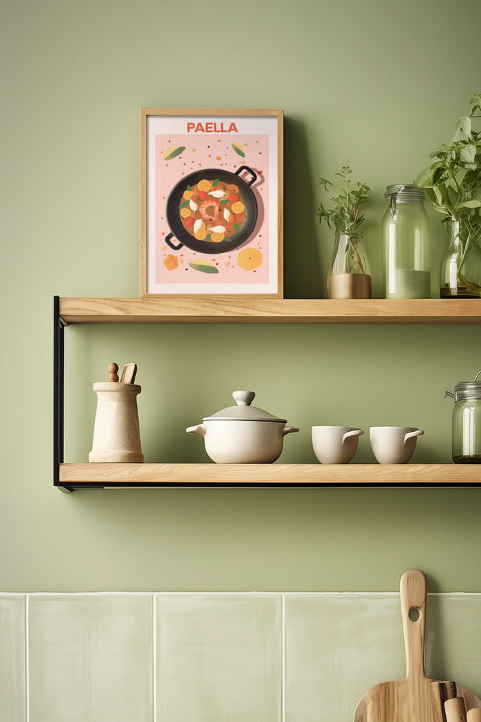 Colorful paella recipe poster on kitchen shelf alongside ceramic kitchenware