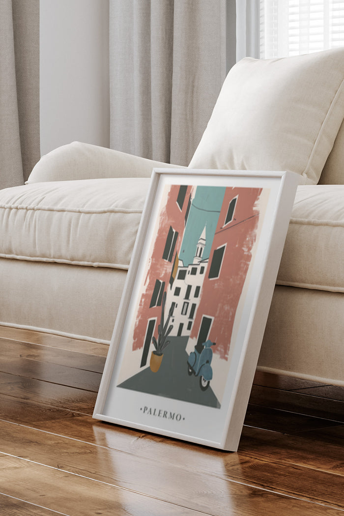 Palermo Italy Vintage Travel Poster Artwork Framed and Leaning Against Wall