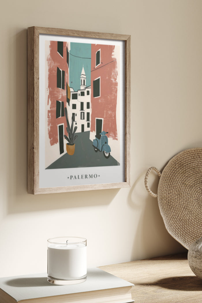 Palermo travel poster featuring stylized illustration of city architecture and a vintage Vespa scooter