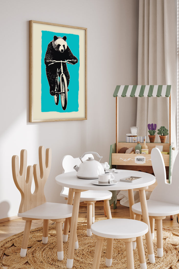 Panda on a Bicycle Pop Art Poster in Stylish Interior