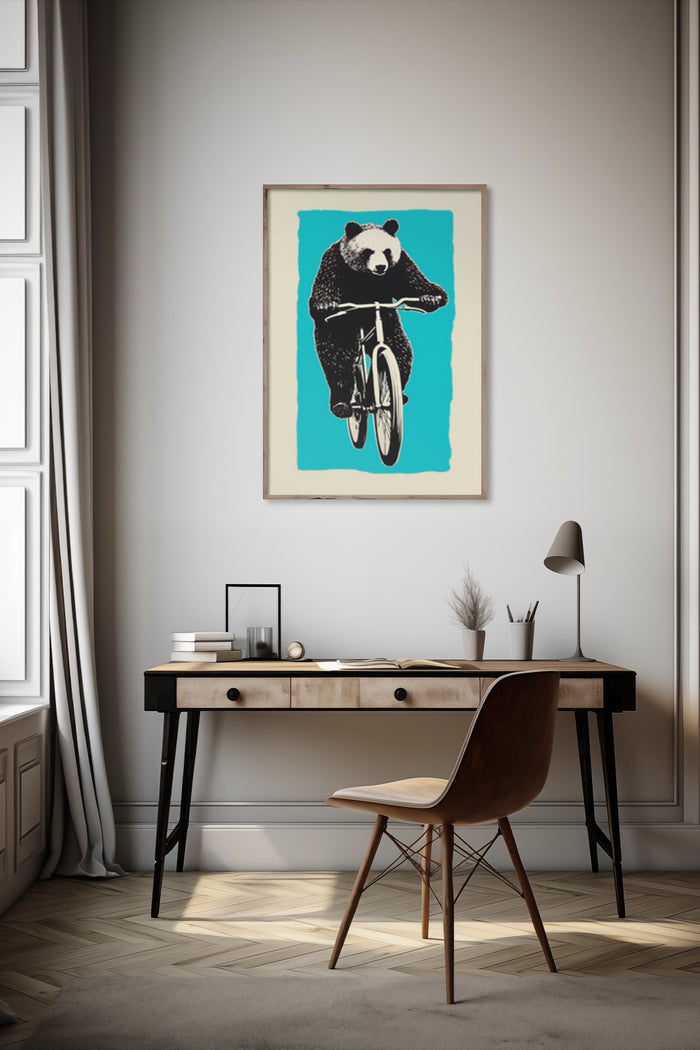 Pop art style poster of a panda riding a bicycle in a home office setting