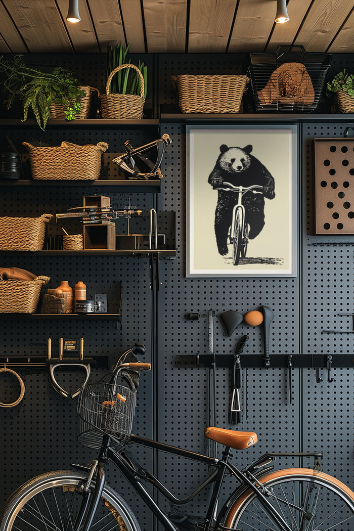Panda Riding Bicycle Artwork Poster Displayed in Modern Cyclist Shop Interior