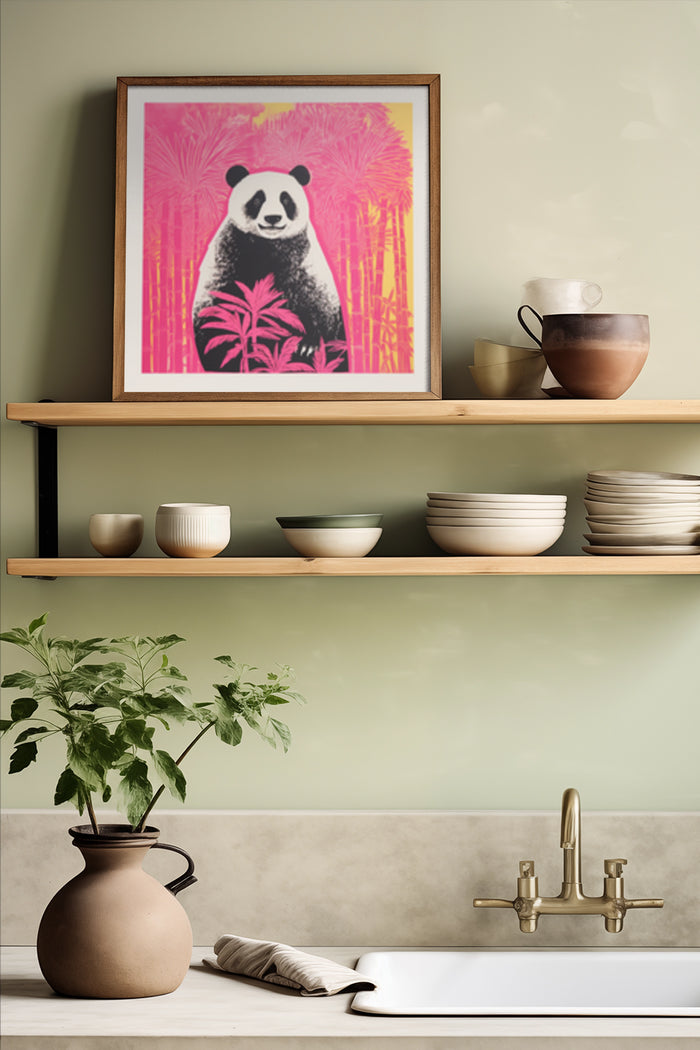 Stylish panda wall art poster in a modern kitchen interior with floating wooden shelves