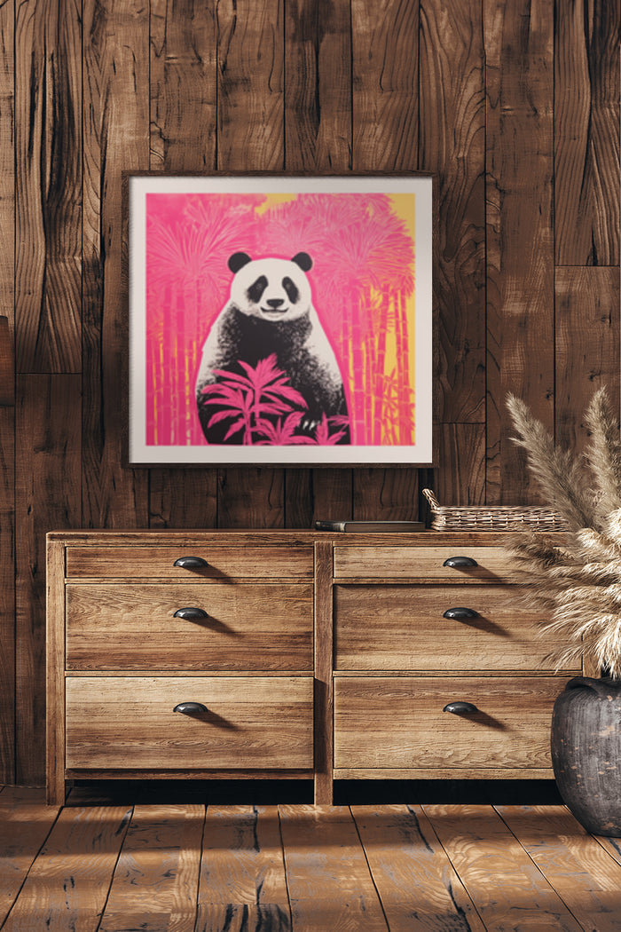 Contemporary wall art featuring a panda with bright pink bamboo background