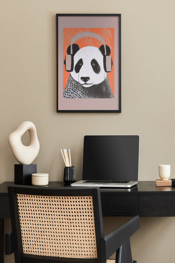 Stylish panda poster with headphones in office decor setting, perfect for modern art enthusiasts