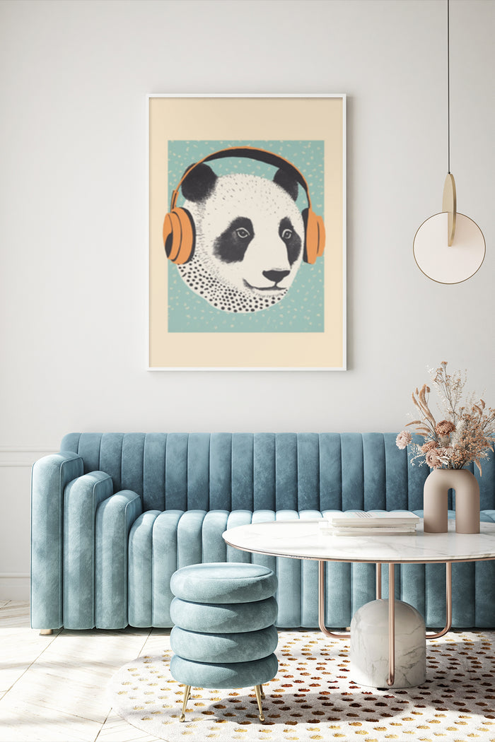 Stylized panda with orange headphones poster in modern living room