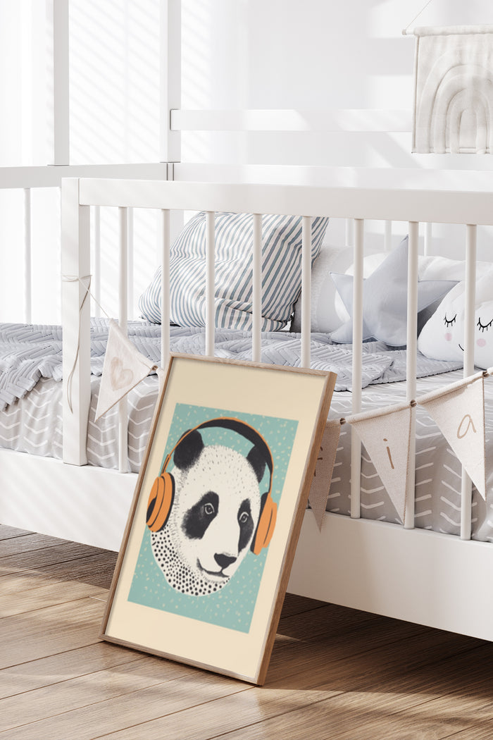 Illustrative poster of a panda with headphones leaning against a crib in a modern nursery room