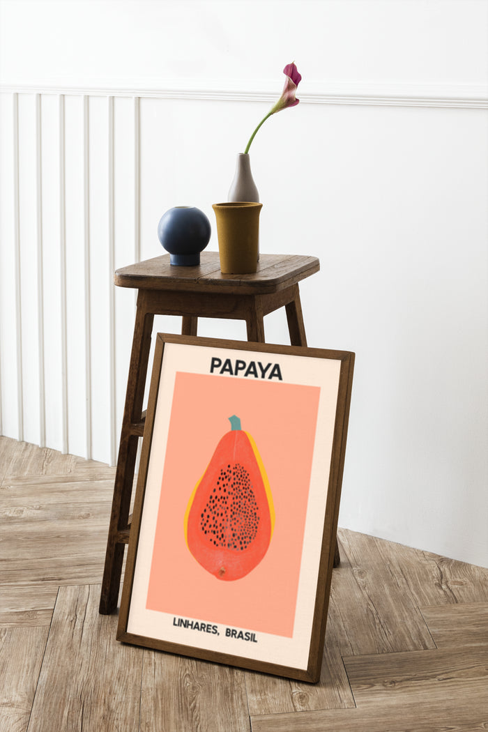 Papaya Art Print Poster with Linhares Brasil Text for Home Decoration