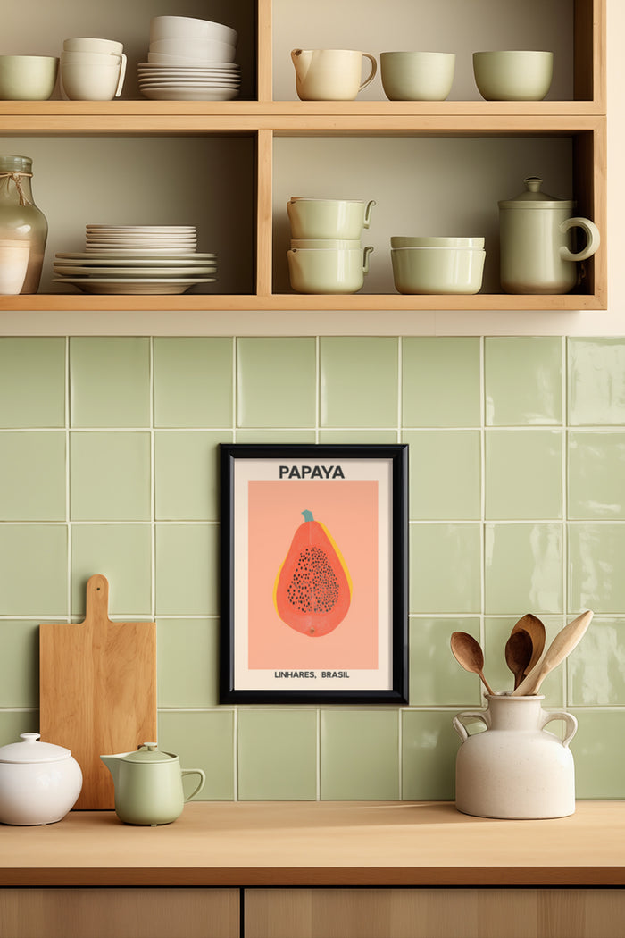 Papaya Poster Artwork Linhares Brasil Advertised in Stylish Kitchen Setting