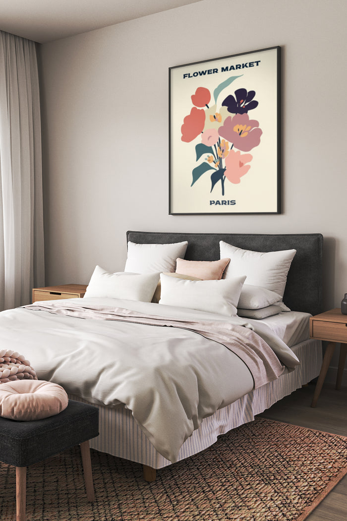 Parisian Flower Market Poster in Bedroom Setting for Home Decoration