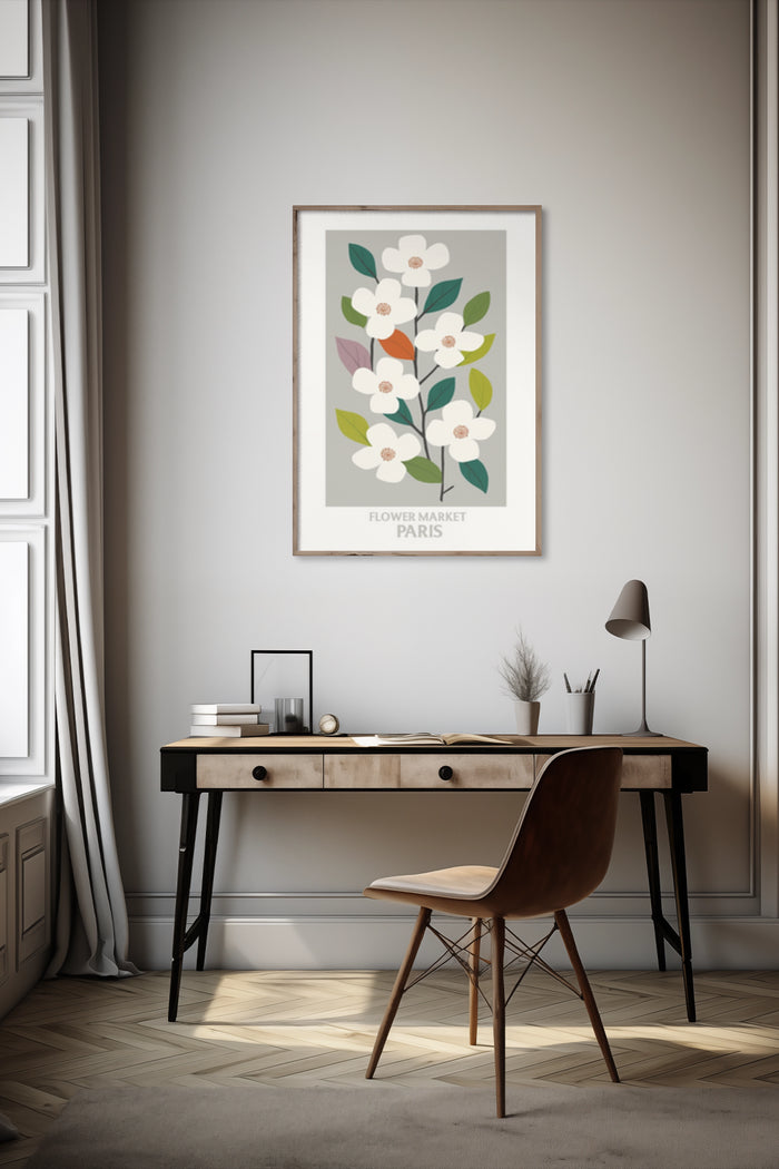 Minimalist Paris Flower Market poster displayed in modern home office interior