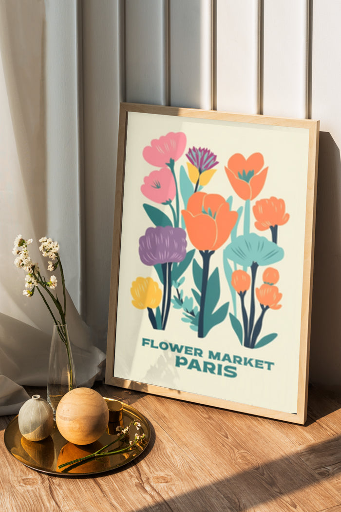 Colorful floral Paris Flower Market poster in a stylish home decor setting