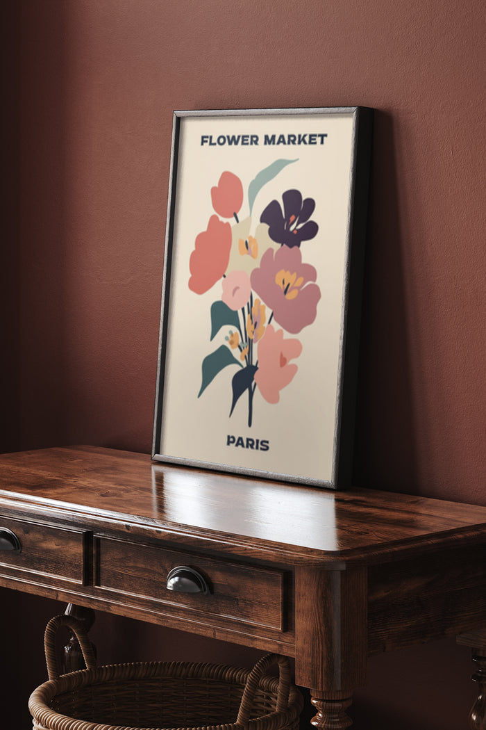 Elegant Paris Flower Market Poster Artwork Displayed on Wooden Side Table