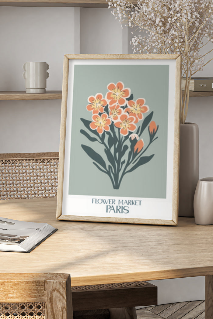 Stylish Paris Flower Market Poster Framed on a Modern Home Table Setting