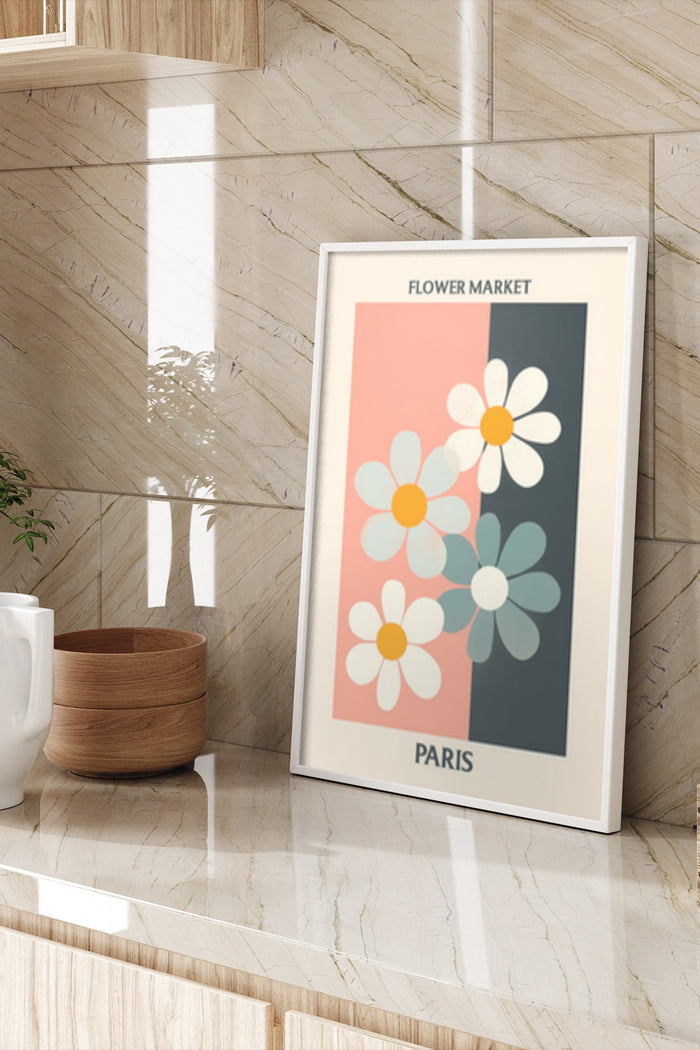 Stylized Paris Flower Market Poster with Daisy Illustrations Hanging on Marble Wall