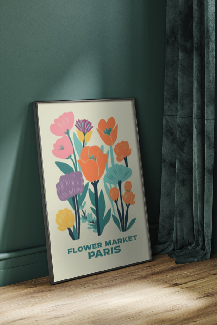 Colorful illustration of Paris flower market poster with vibrant floral design