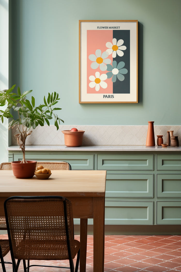Stylish Paris flower market poster in a modern kitchen setting with green cabinetry and terra cotta tiles
