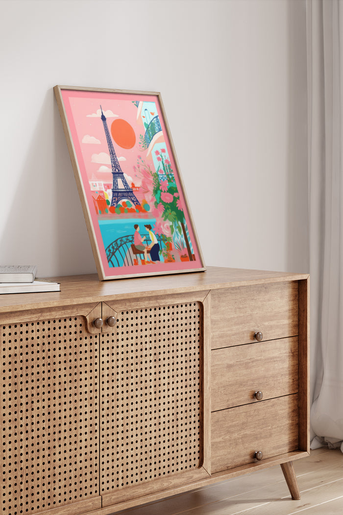 Colorful illustration of Paris with Eiffel Tower and romantic couple enjoying sunset in home interior