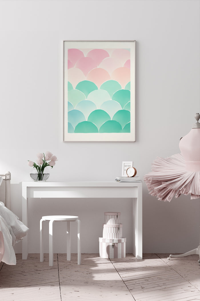 Pastel colored scallop pattern wall art in a modern bedroom setting