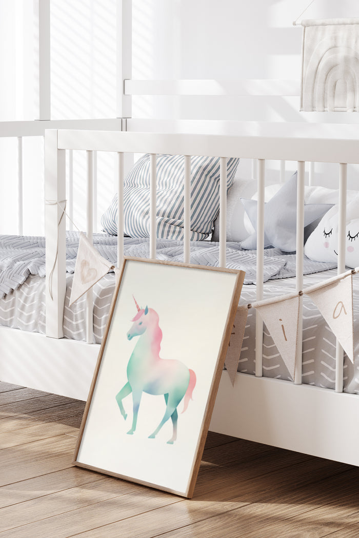 Pastel colored unicorn poster on display in a modern children's room setting