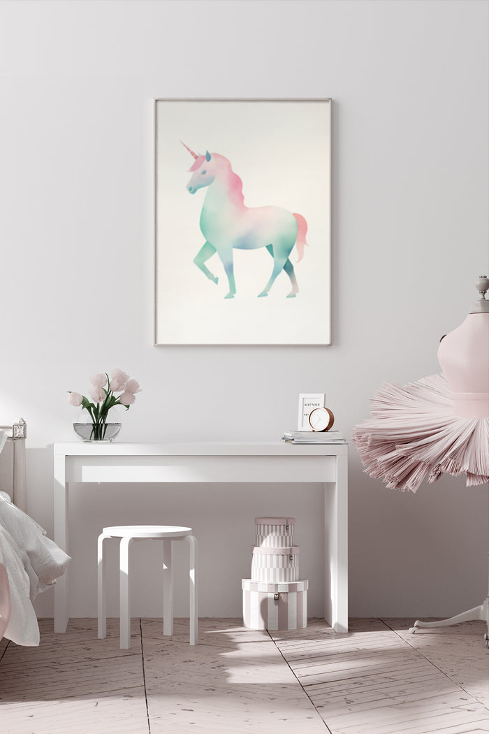 Pastel Colored Unicorn Art Poster Hung on Wall in Modern Bedroom Interior