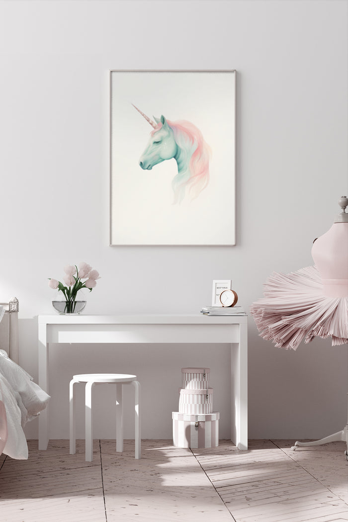 Pastel Unicorn Artwork on Wall in Stylish Bedroom Interior