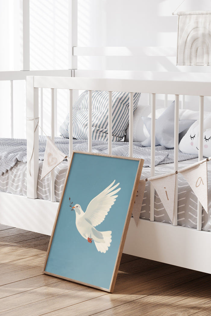 Peaceful white dove poster leaning against crib in modern baby nursery room setting with neutral colors